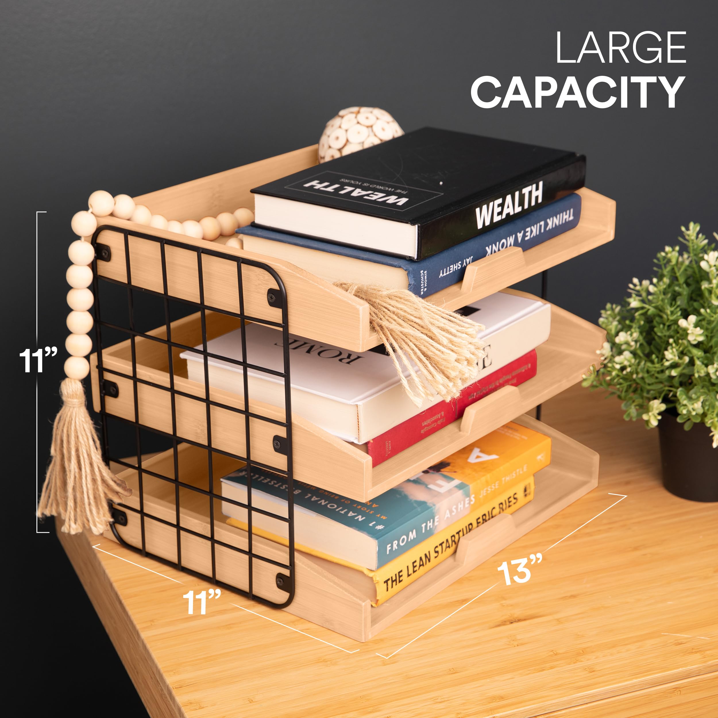 Ecordesk Wood Inbox Tray - Sturdy Letter Tray Desk Organizer, 3 Tier Wooden Paper Tray Organizer, 1/3" Thick Wooden Shelves Paper Organizer for Desk with Metal Frame (Natural Wood)