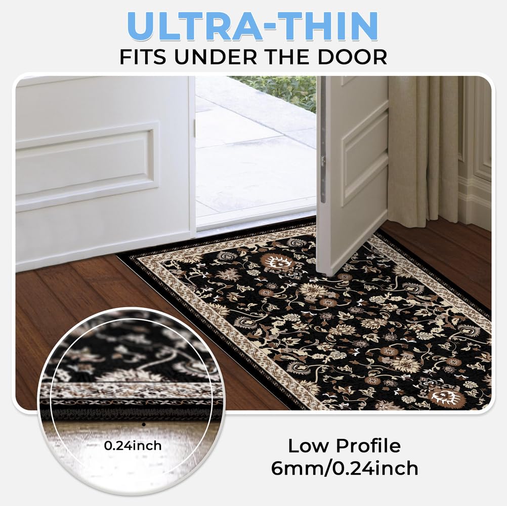 Ecordesk Washable Runner Rug  | Non Slip Rug Runners for Hallways, Entryways, Kitchens, Bathrooms, Bedrooms | Ultra-Soft Flannel Carpet Runners with Rubber Backing | Black Floral Rug