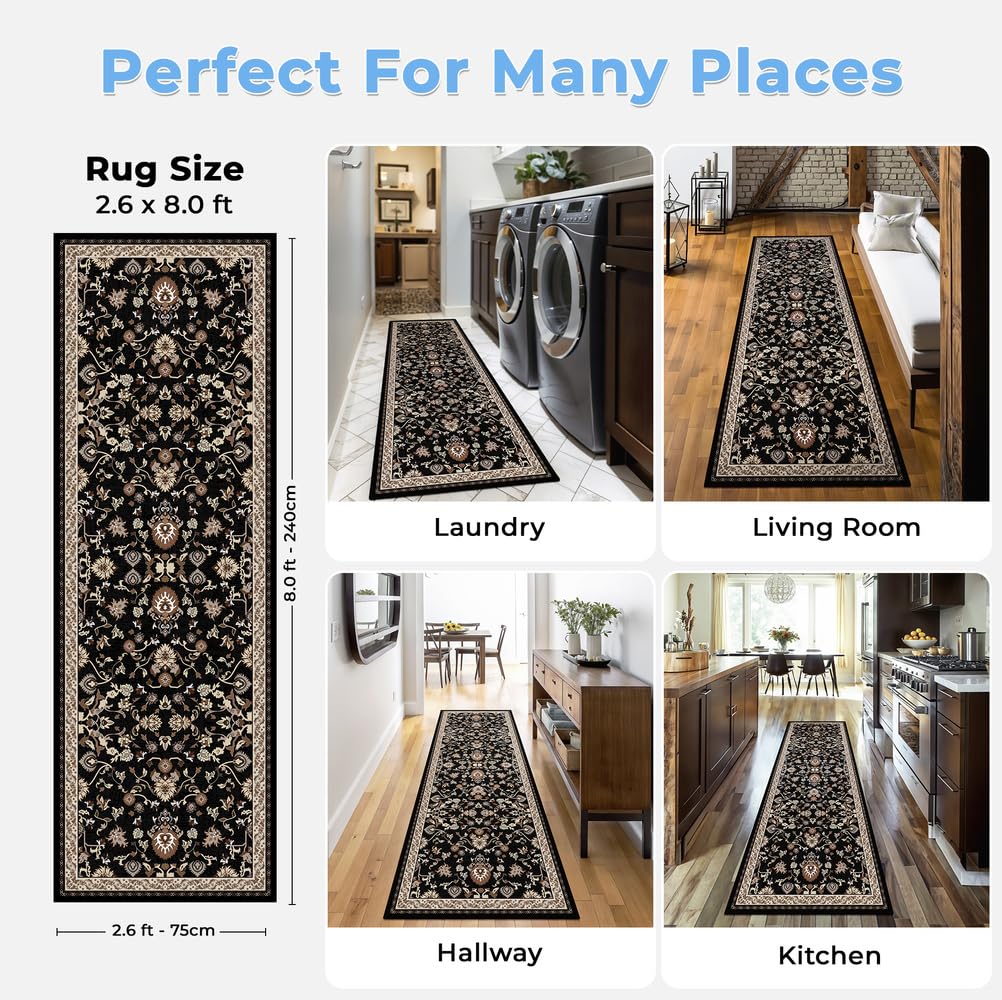 Ecordesk Washable Runner Rug  | Non Slip Rug Runners for Hallways, Entryways, Kitchens, Bathrooms, Bedrooms | Ultra-Soft Flannel Carpet Runners with Rubber Backing | Black Floral Rug