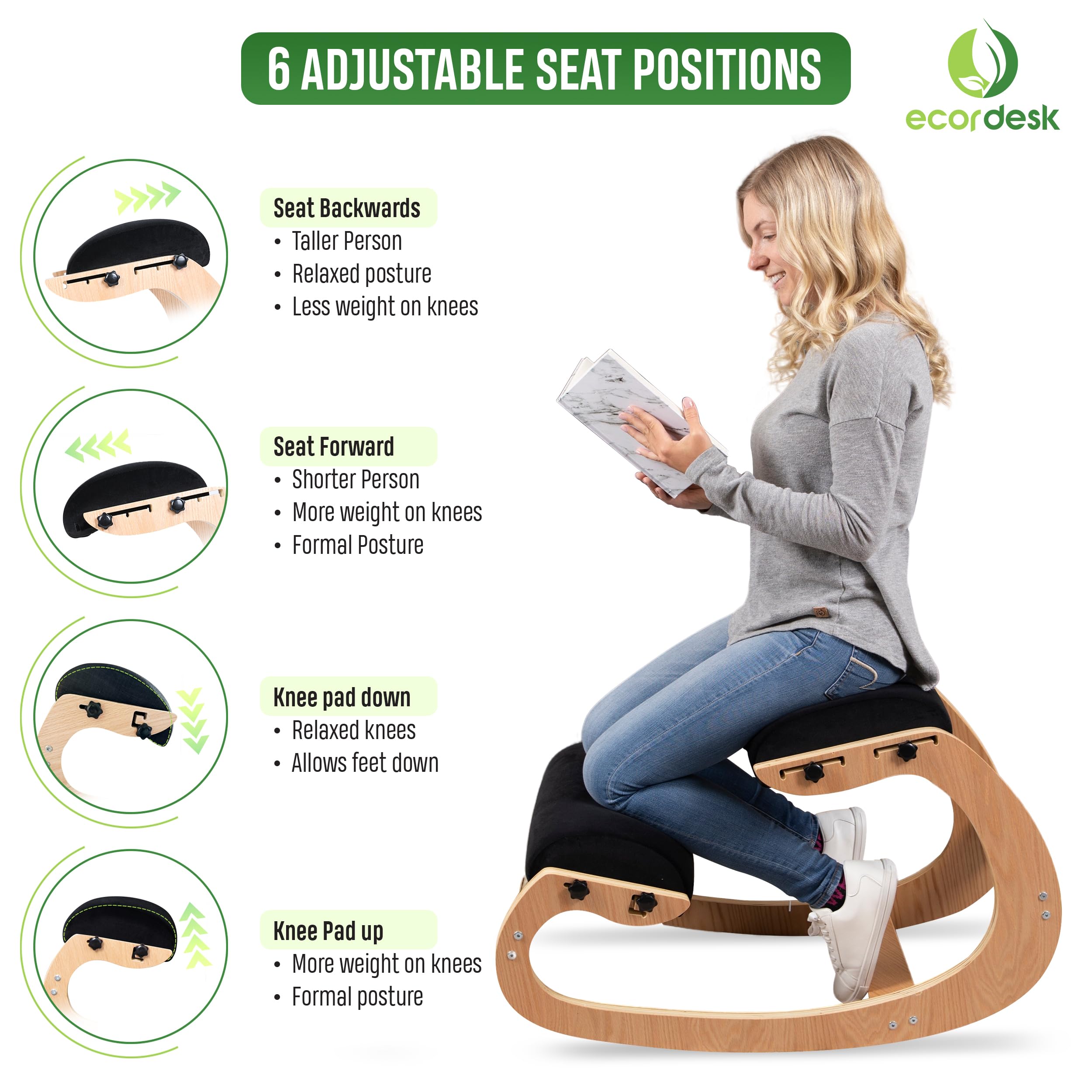 Ecordesk Ergonomic Kneeling Chair, Adjustable Seat - Office Chair for Desk, Posture Corrector, Premium Comfort Cushion, Wooden Rocking Knee Chair (Black)