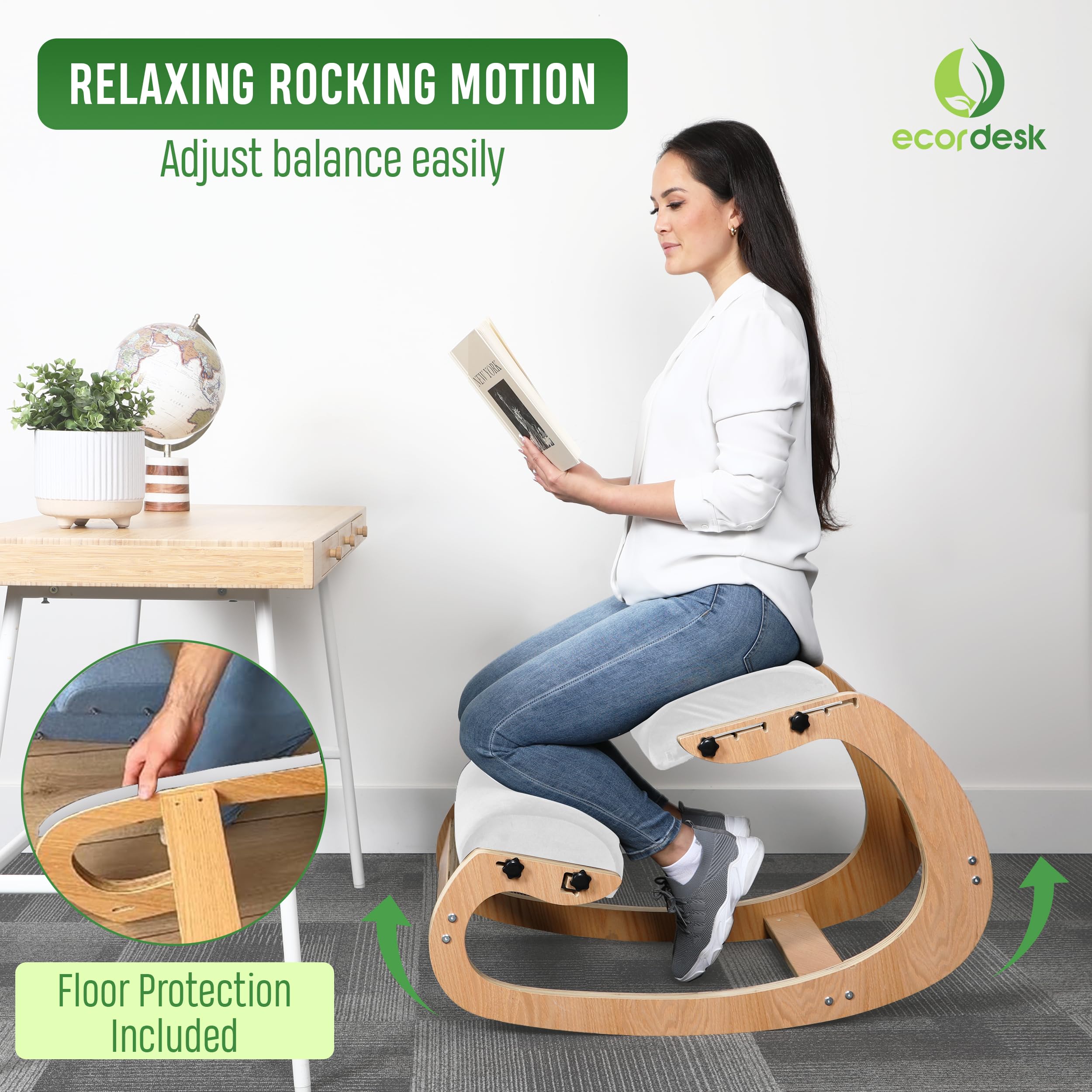 Ecordesk Ergonomic Kneeling Chair, Adjustable Seat - Office Chair for Desk, Posture Corrector, Premium Comfort Cushion, Wooden Rocking Knee Chair (Ivory)