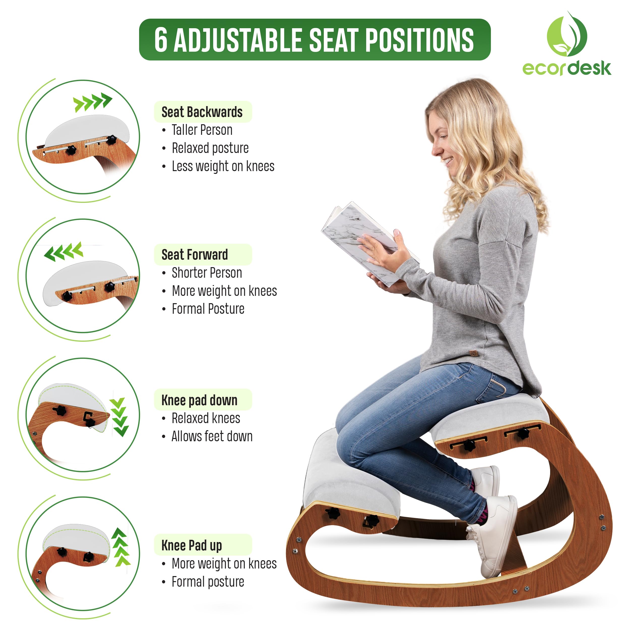 Ecordesk Ergonomic Kneeling Chair, Adjustable Seat - Office Chair for Desk, Posture Corrector, Premium Comfort Cushion, Wooden Rocking Knee Chair (Pecan)