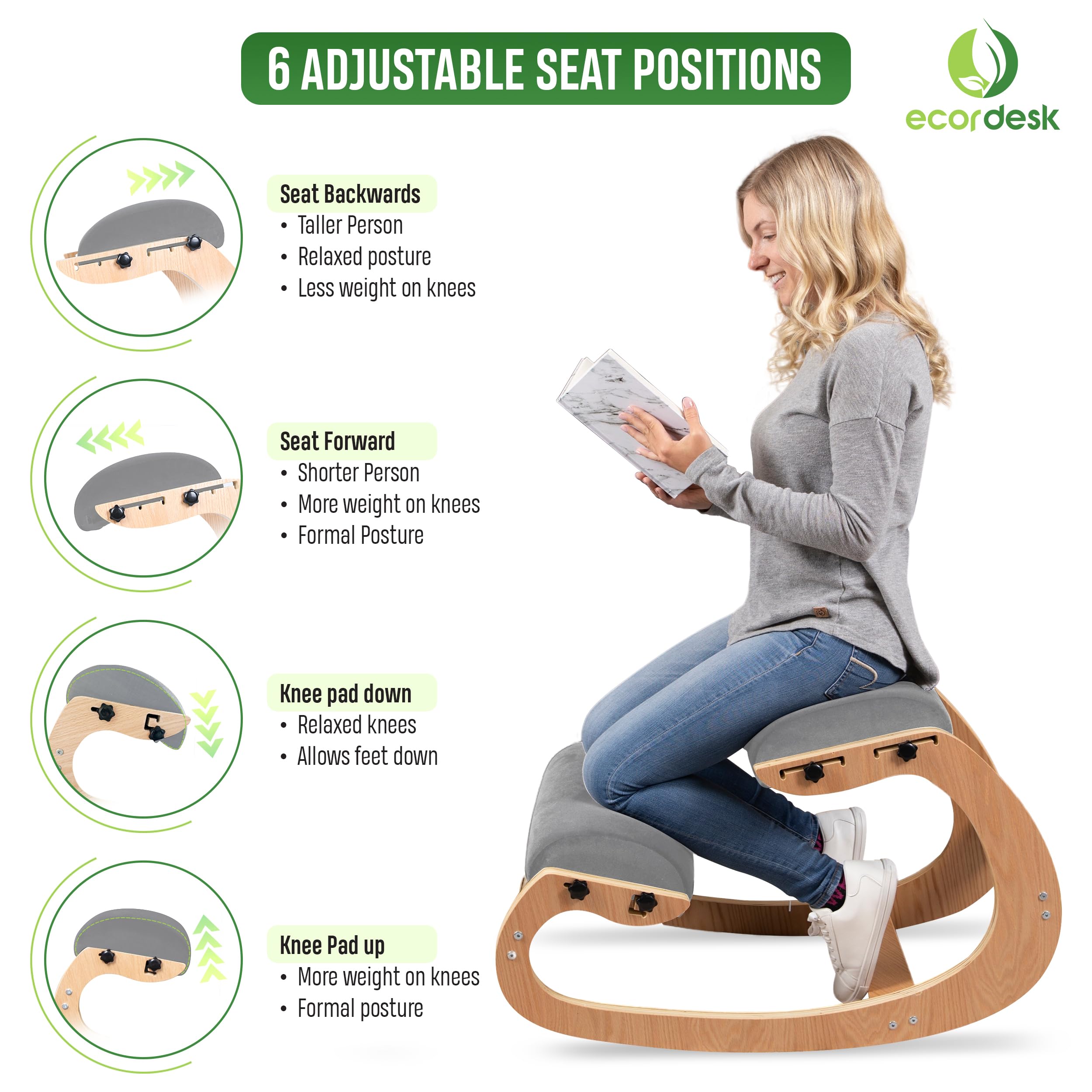 Ecordesk Ergonomic Kneeling Chair, Adjustable Seat - Office Chair for Desk, Posture Corrector, Premium Comfort Cushion, Wooden Rocking Knee Chair (Grey)