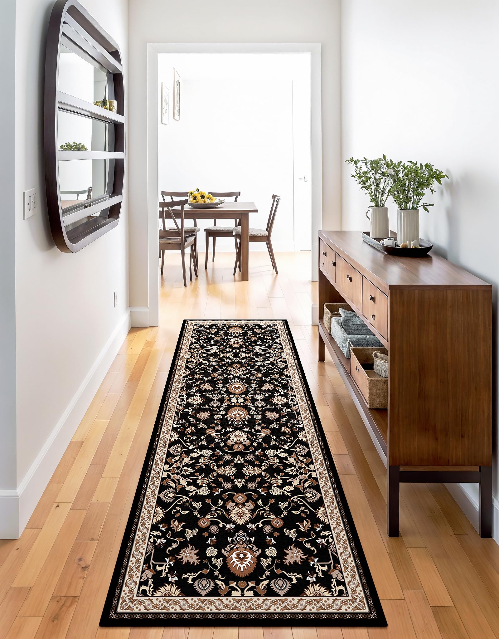 Ecordesk Washable Runner Rug  | Non Slip Rug Runners for Hallways, Entryways, Kitchens, Bathrooms, Bedrooms | Ultra-Soft Flannel Carpet Runners with Rubber Backing | Black Floral Rug