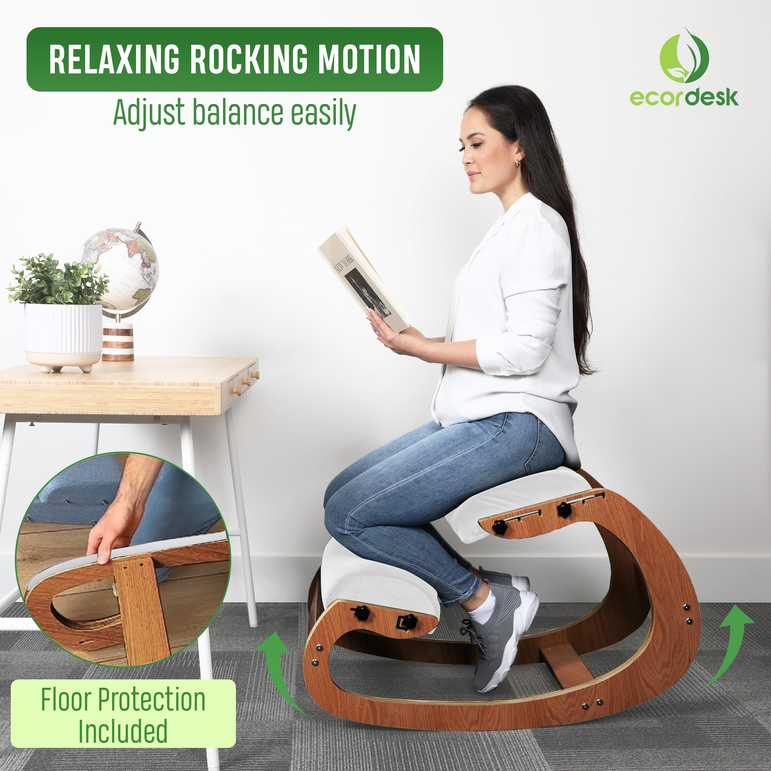 Ecordesk Ergonomic Kneeling Chair, Adjustable Seat - Office Chair for Desk, Posture Corrector, Premium Comfort Cushion, Wooden Rocking Knee Chair (Pecan)