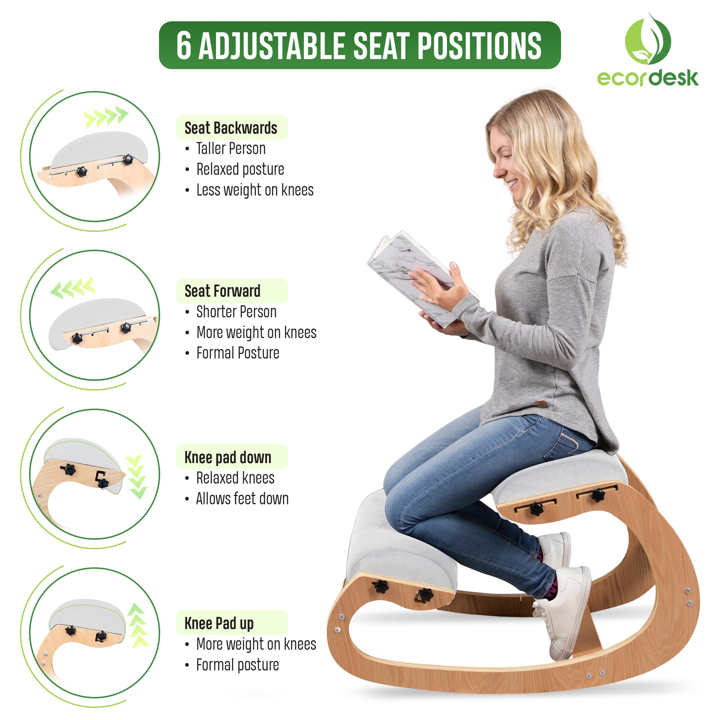 Ecordesk Ergonomic Kneeling Chair, Adjustable Seat - Office Chair for Desk, Posture Corrector, Premium Comfort Cushion, Wooden Rocking Knee Chair (Ivory)