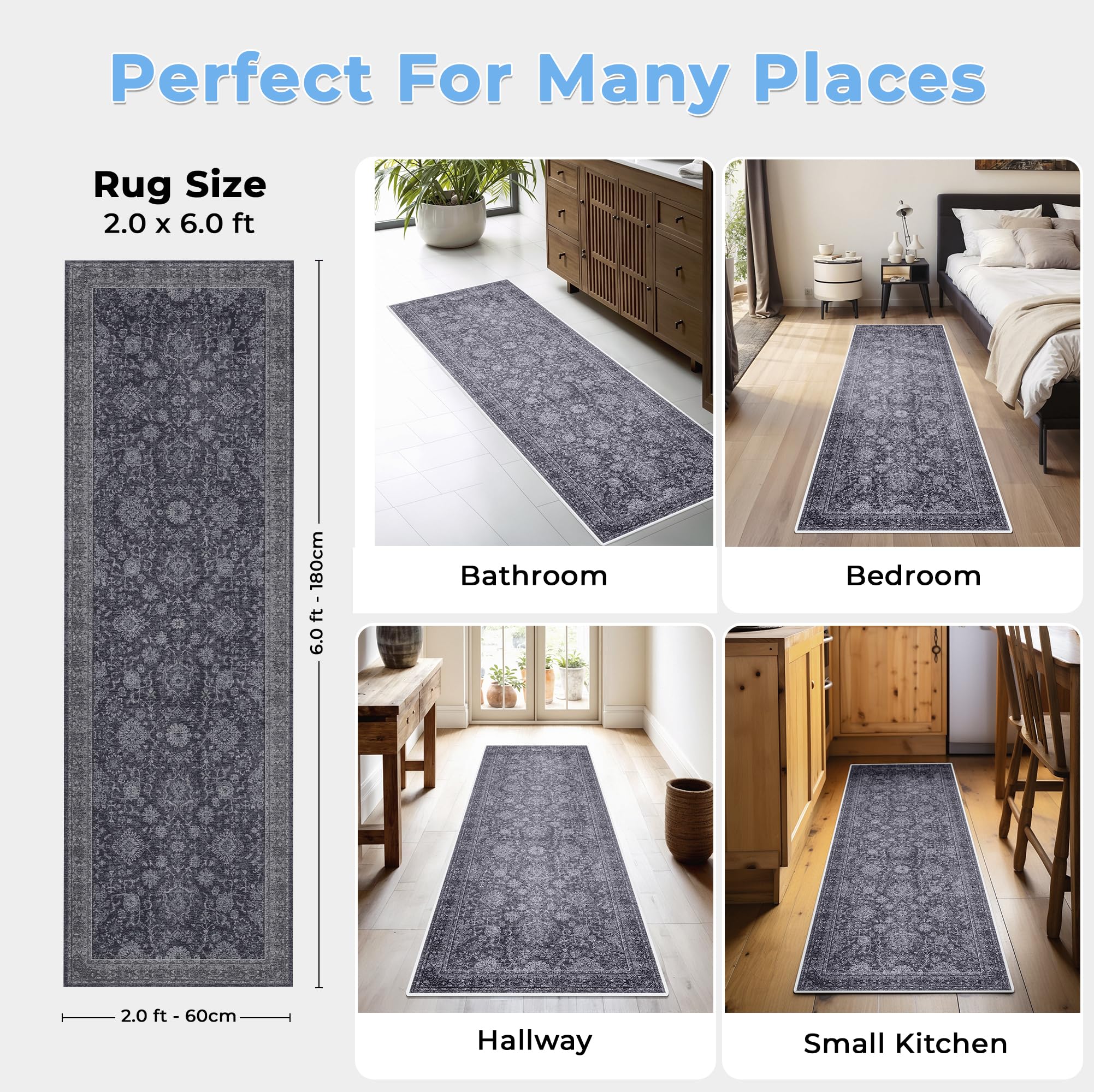 Ecordesk Washable Runner Rug  | Non Slip Rug Runners for Hallways, Entryways, Kitchens, Bathrooms, Bedrooms | Ultra-Soft Flannel Carpet Runners with Rubber Backing | Distressed Grey Rug