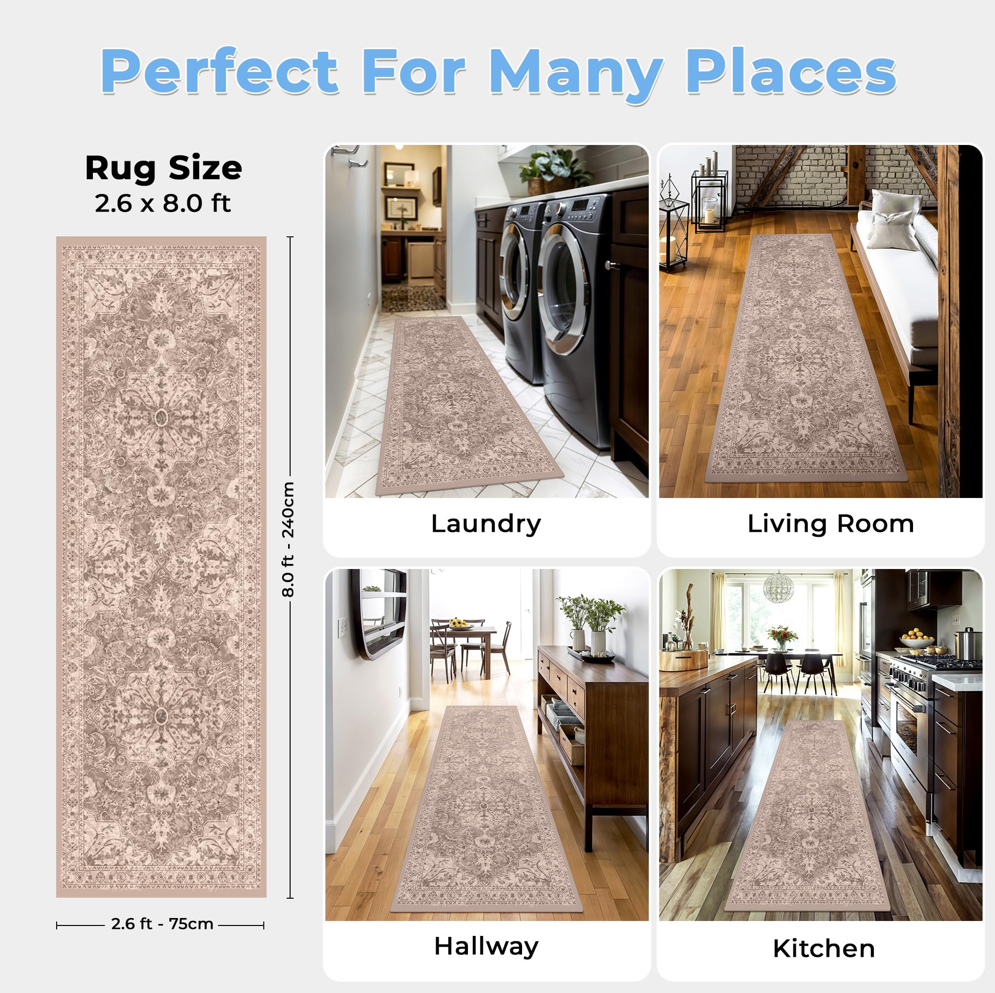 Ecordesk Washable Runner Rug  | Non Slip Rug Runners for Hallways, Entryways, Kitchens, Bathrooms, Bedrooms | Ultra-Soft Flannel Carpet Runners with Rubber Backing | Beige Harmony